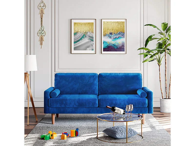 Canapé droit en Velours bleu et bois massif - 3 places - charge max 300kg - 176x78x85cm