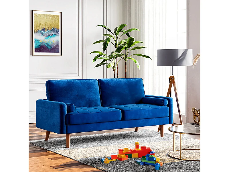 Canapé droit en Velours bleu et bois massif - 3 places - charge max 300kg - 176x78x85cm