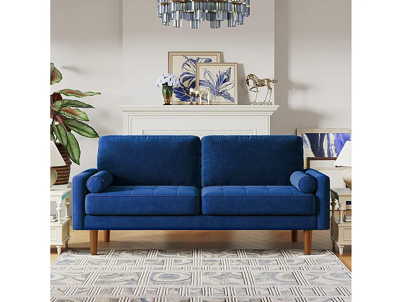 Canapé droit en Velours bleu et bois massif - 3 places - charge max 300kg - 176x78x85cm