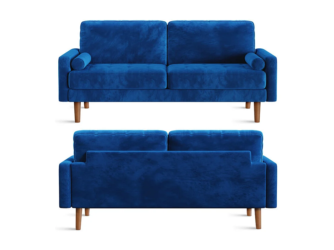 Rechte bank in blauw fluweel en massief hout - 3 plaatsen - Max Load 300kg - 176x78x85cm