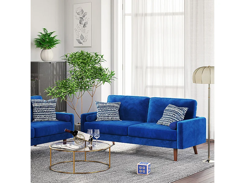 Rechte bank in blauw fluweel en massief hout - 3 plaatsen - Max Load 300kg - 176x78x85cm