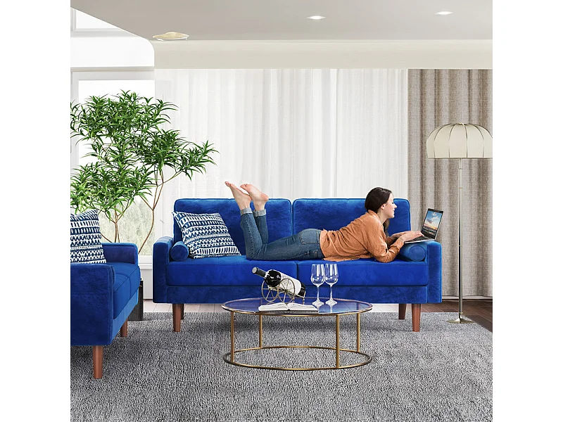 Rechte bank in blauw fluweel en massief hout - 3 plaatsen - Max Load 300kg - 176x78x85cm