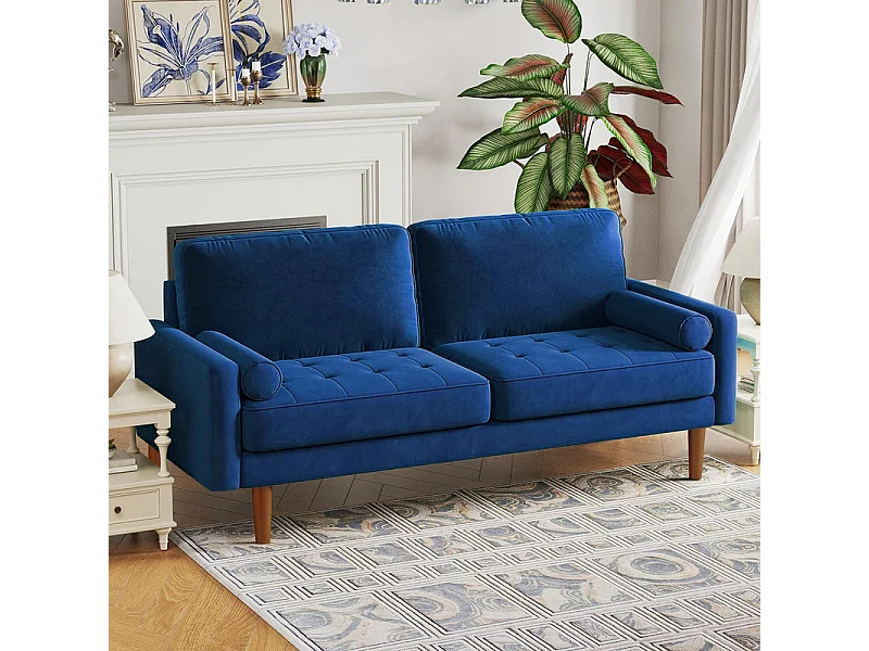 Rechte bank in blauw fluweel en massief hout - 3 plaatsen - Max Load 300kg - 176x78x85cm