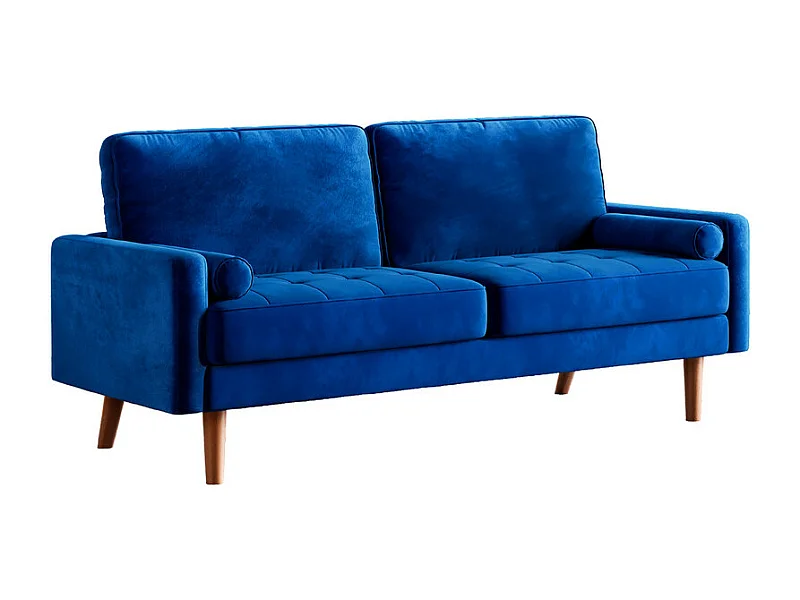 Scandinavische 3-zitsbank van fluweel, gewatteerde armleuningen, massief houten poten, blauw, 173x77x86cm