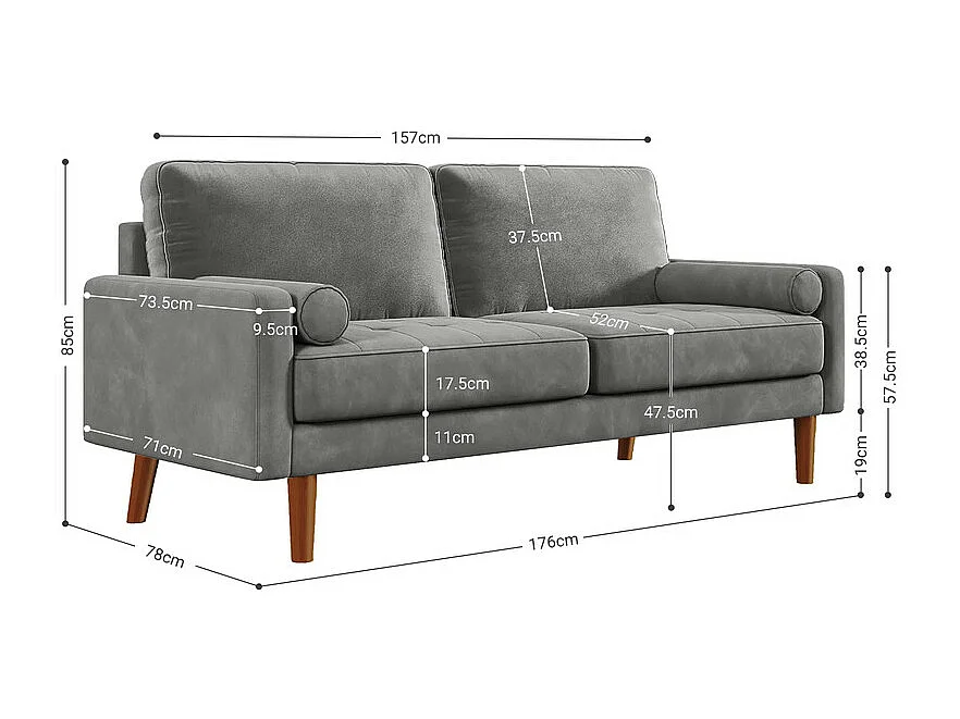 Grauer Samt und Massivholz -Samtsofa - 3 Plätze - maximal 300 kg - 176x78x85 cm