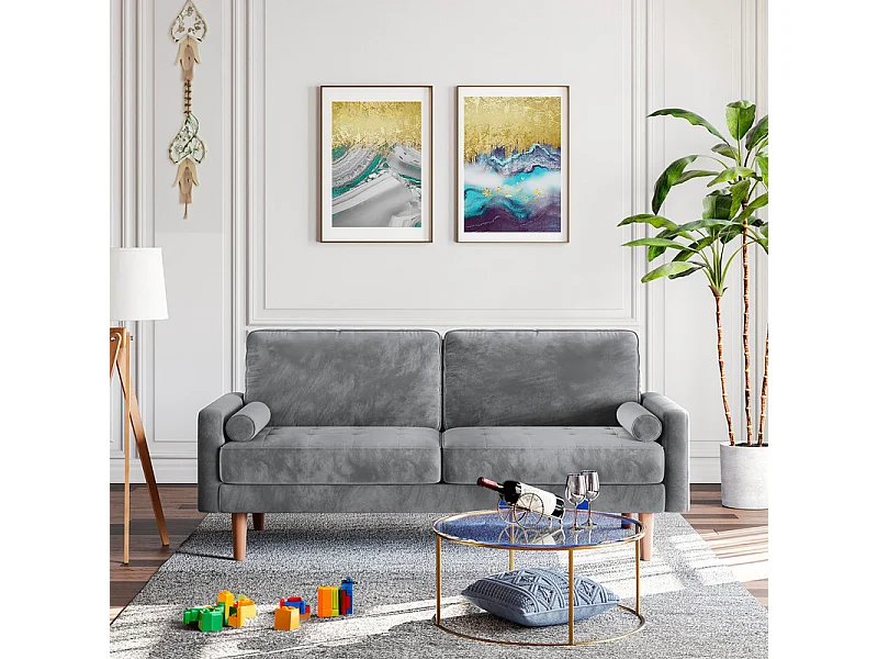 Canapé droit en Velours gris et bois massif - 3 places - charge max 300kg - 176x78x85cm