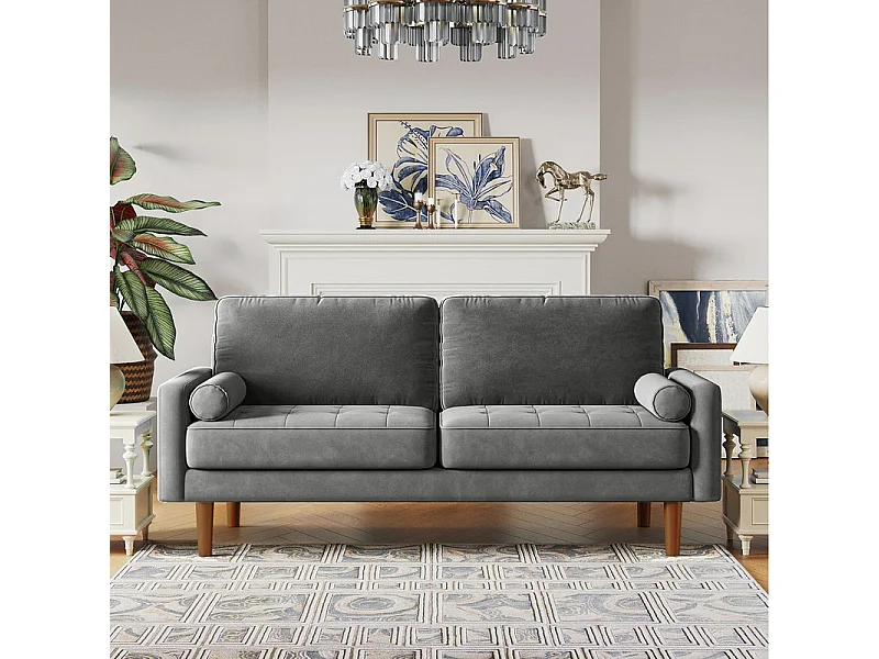 Canapé droit en Velours gris et bois massif - 3 places - charge max 300kg - 176x78x85cm