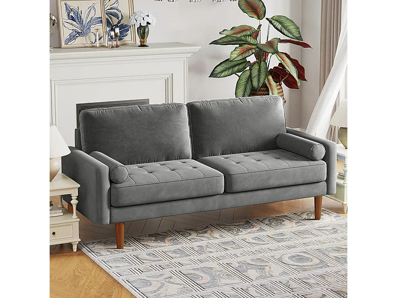 Canapé droit en Velours gris et bois massif - 3 places - charge max 300kg - 176x78x85cm