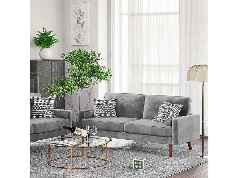 Canapé droit en Velours gris et bois massif - 3 places - charge max 300kg - 176x78x85cm