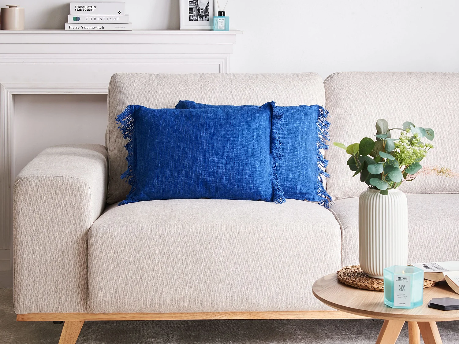 Dekokissen 2er Set Baumwolle marine blau 35x50 cm mit Fransen einfarbig Maba