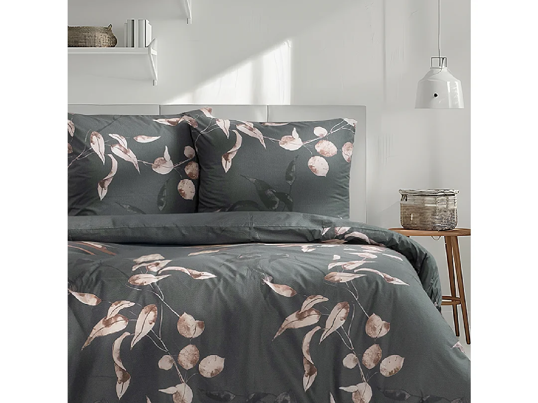 Housse de couette + taie(s) oreiller "Tivory vert" 100% coton imprimé.