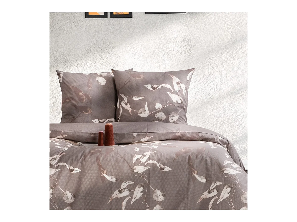 Housse de couette + taie(s) oreiller "Tivory beige" 100% coton imprimé.