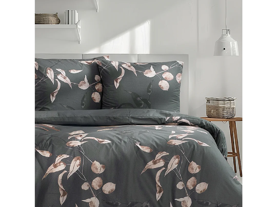 Housse de couette + taie(s) oreiller "Tivory vert" 100% coton imprimé.