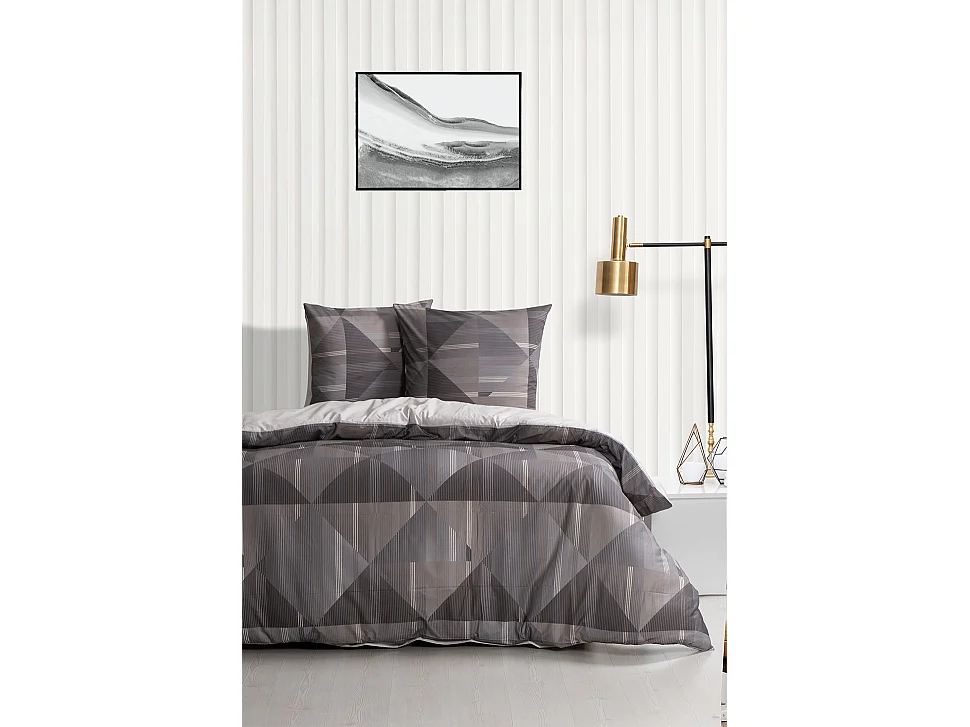 Housse de couette + taie(s) oreiller "Lufian gris" 100% coton imprimé.