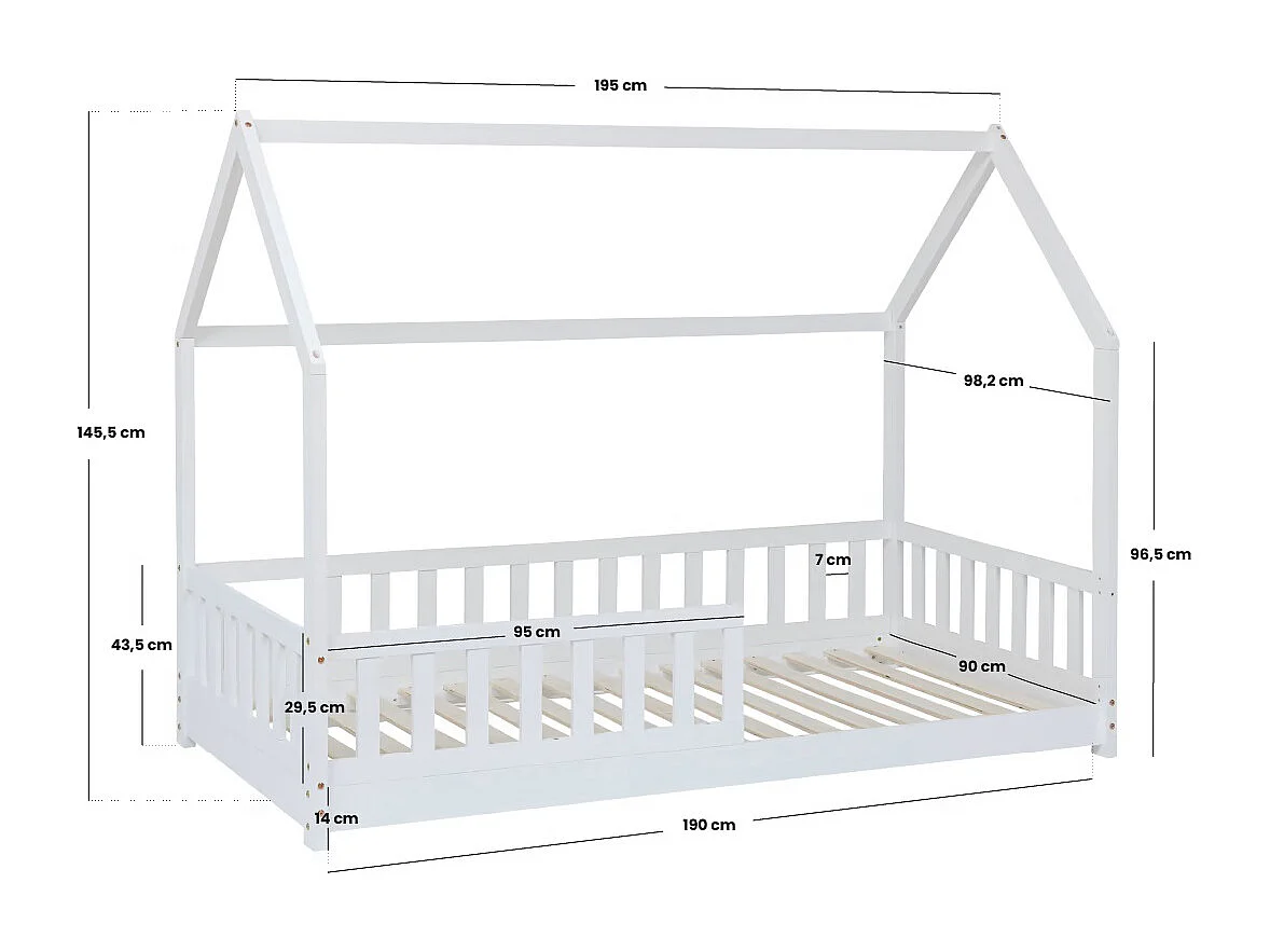 Lit cabane pour enfant en bois coloris blanc - Longueur 195 x Profondeur 98 x Hauteur 145,5 cm
