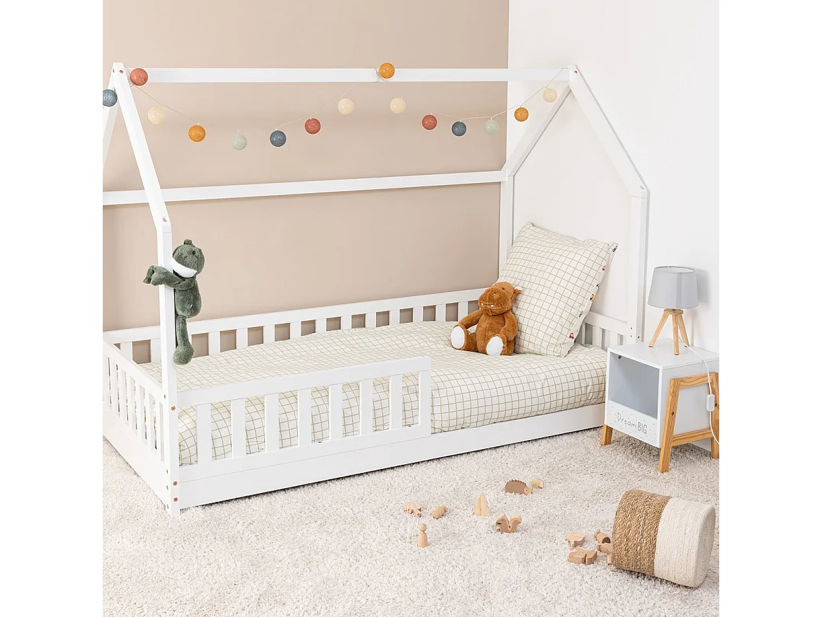 Lit cabane pour enfant en bois coloris blanc - Longueur 195 x Profondeur 98 x Hauteur 145,5 cm