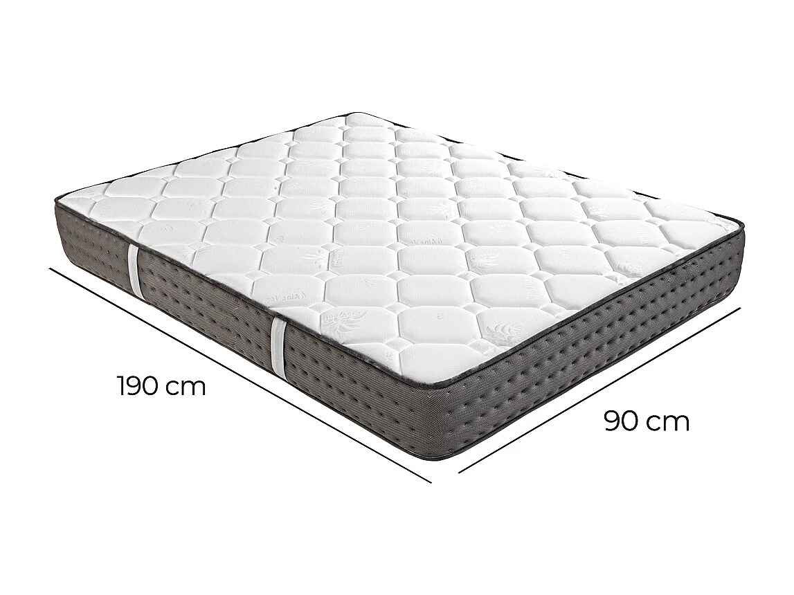 Ensemble Matelas CASTO 90x190 cm,en mousse haute densité, ferme, face été/hiver, épaisseur 20cm + sommier beige épaisseur 20cm