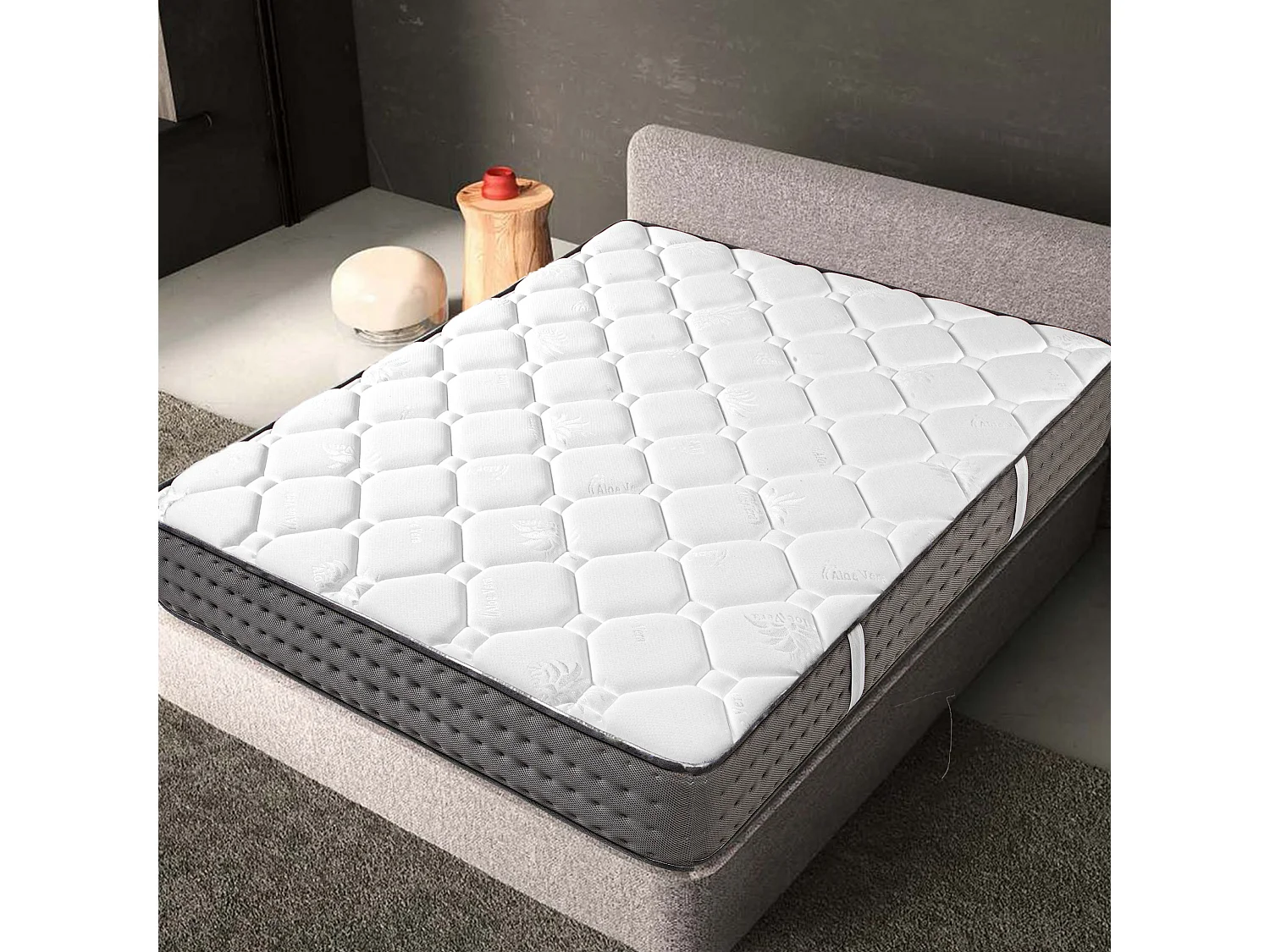 Ensemble Matelas CASTO 160x200 cm,en mousse haute densité, ferme, face été/hiver, épaisseur 20cm + sommier gris épaisseur 20cm