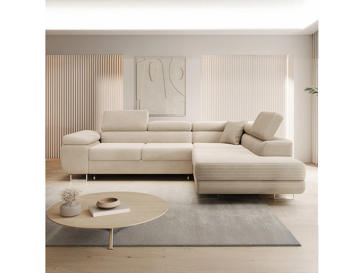 Canapé d'angle droit convertible Marius velours côtelé Beige