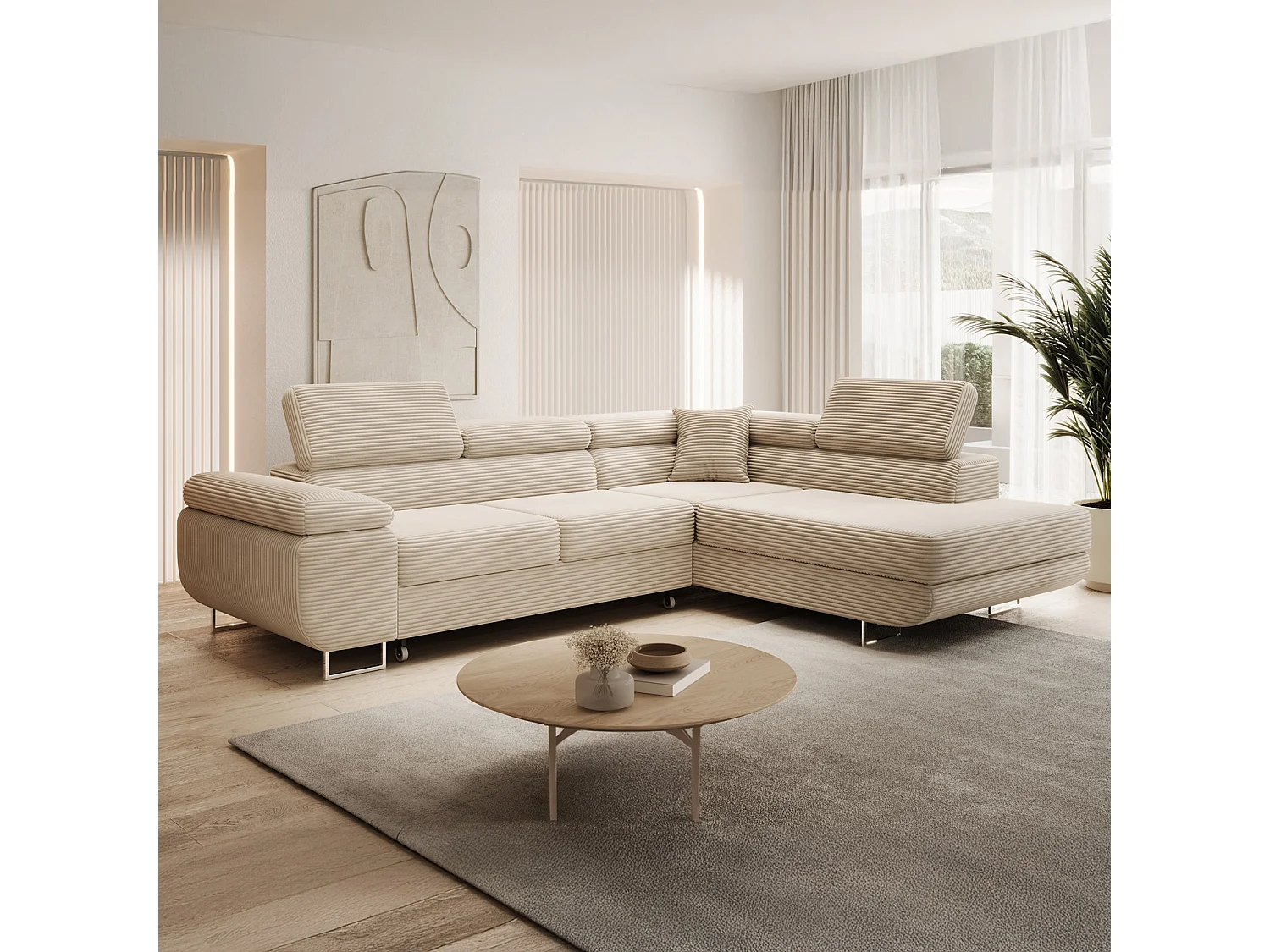 Canapé d'angle droit convertible Marius velours côtelé Beige