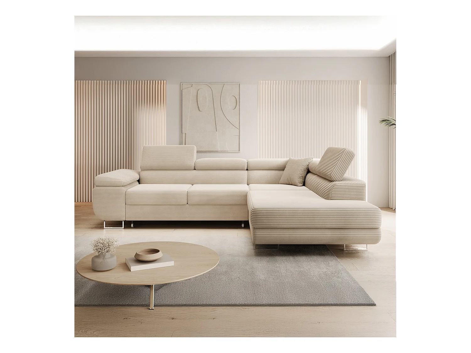 Canapé d'angle droit convertible Marius velours côtelé Beige