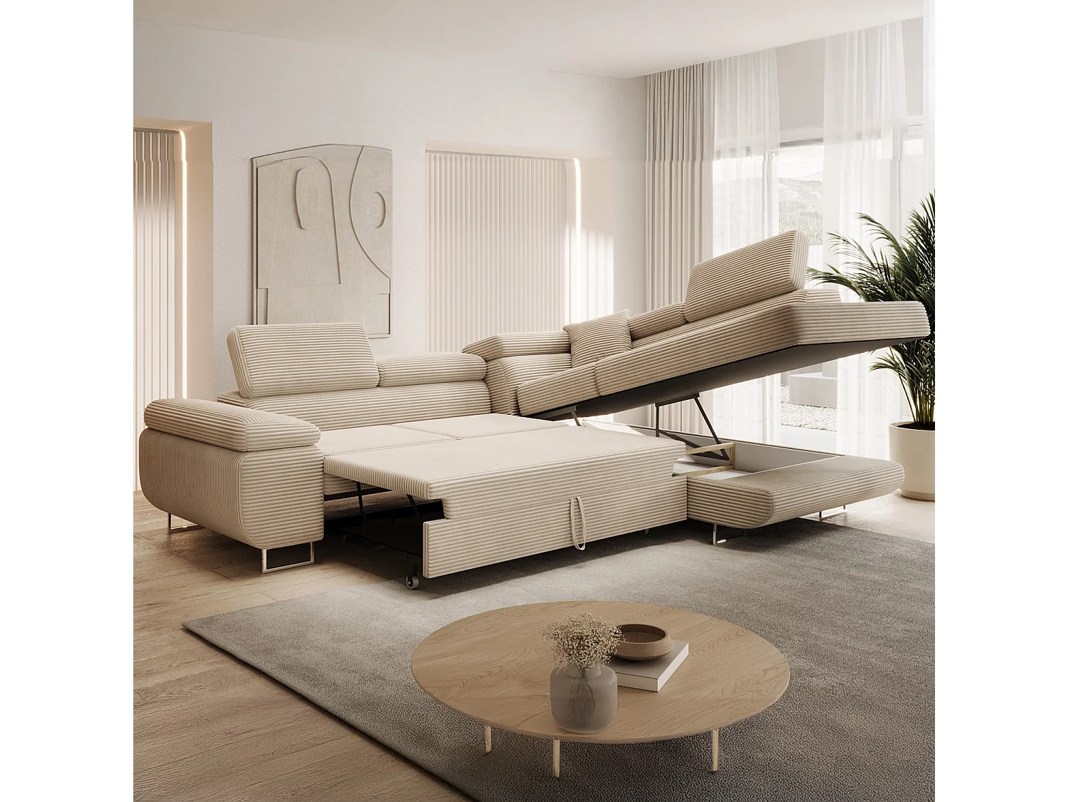 Canapé d'angle droit convertible Marius velours côtelé Beige