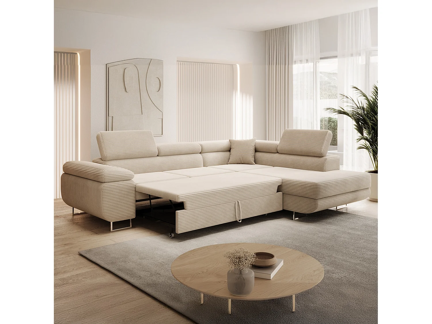 Canapé d'angle droit convertible Marius velours côtelé Beige