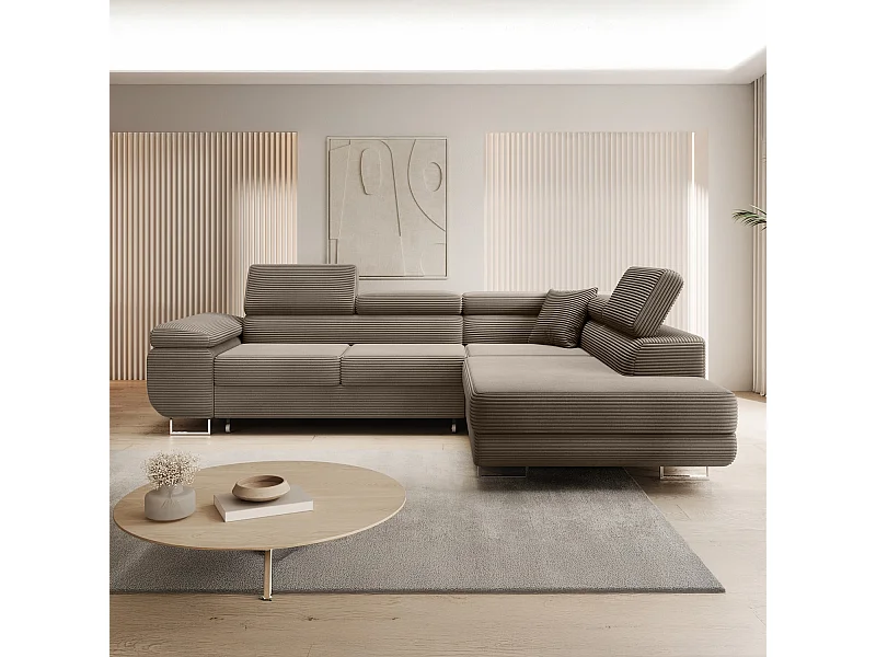 Canapé d'angle droit convertible Marius velours côtelé Taupe