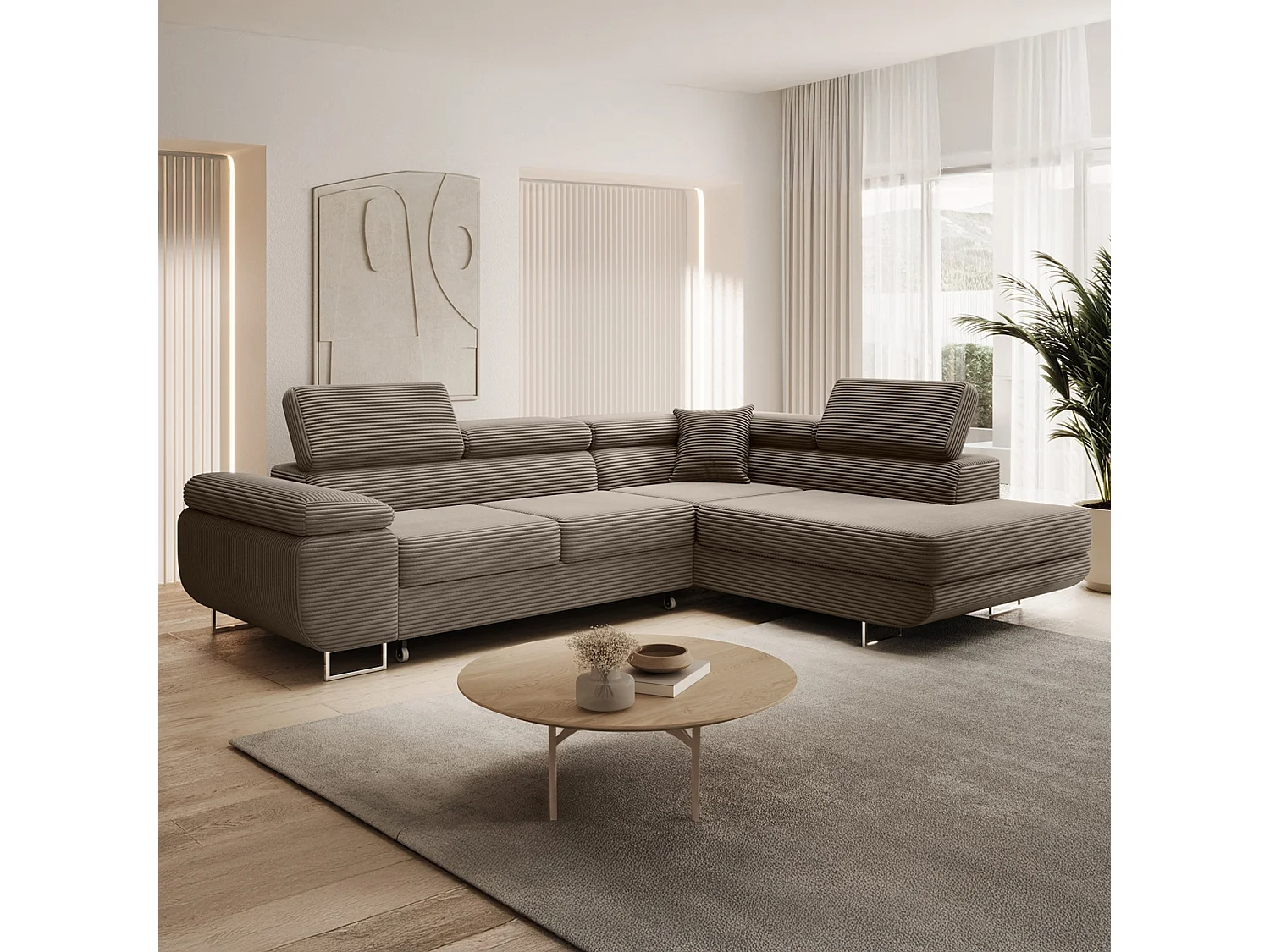 Canapé d'angle droit convertible Marius velours côtelé Taupe