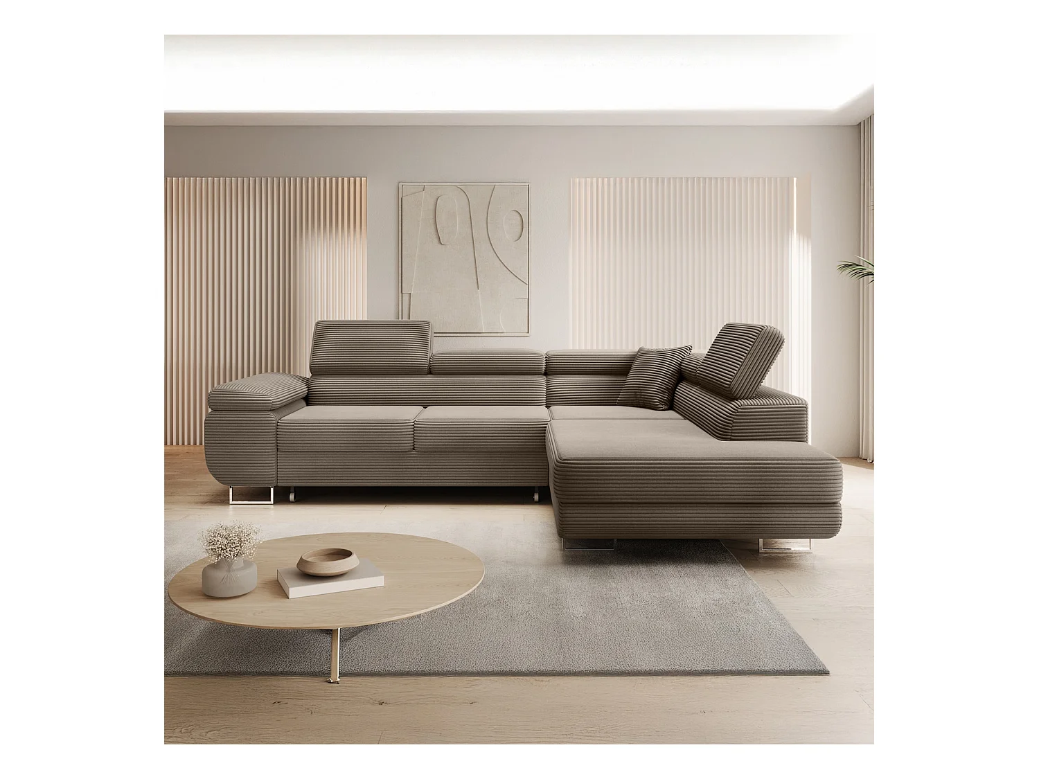 Canapé d'angle droit convertible Marius velours côtelé Taupe