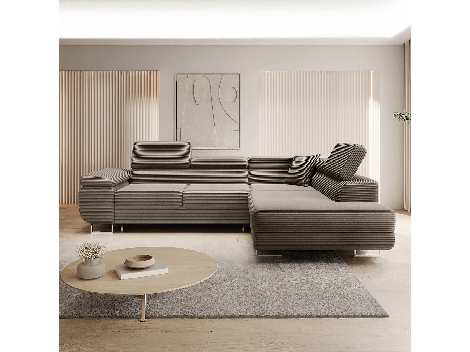 Canapé d'angle droit convertible Marius velours côtelé Taupe