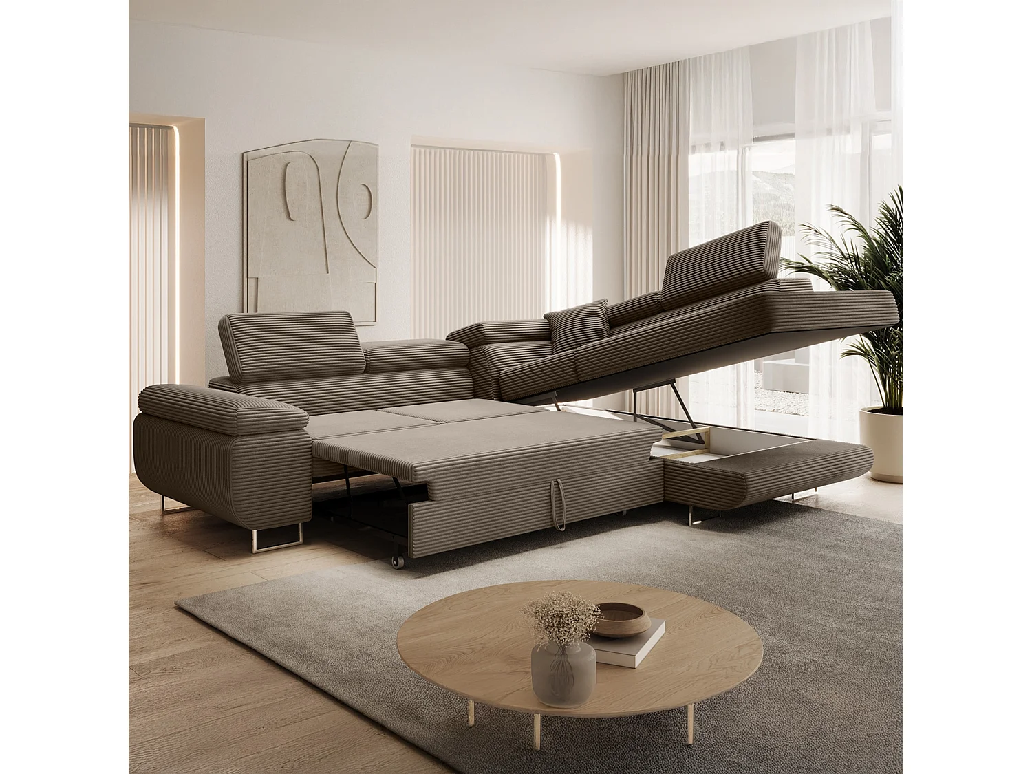 Canapé d'angle droit convertible Marius velours côtelé Taupe