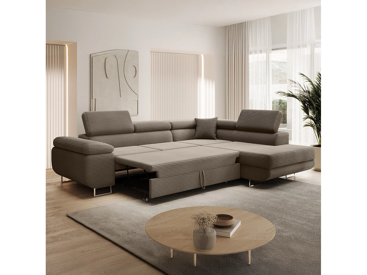 Canapé d'angle droit convertible Marius velours côtelé Taupe