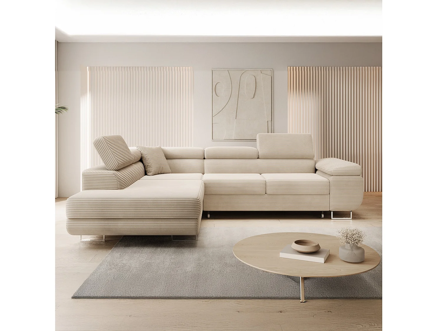 Canapé d'angle gauche convertible Marius velours côtelé Beige