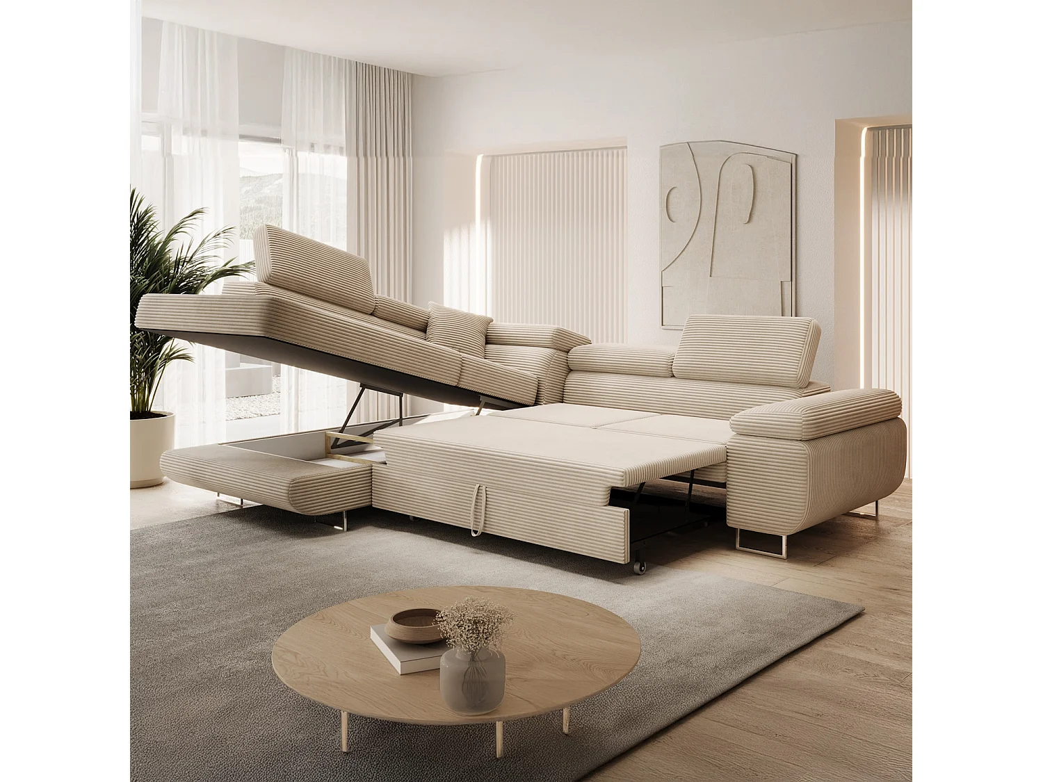 Canapé d'angle gauche convertible Marius velours côtelé Beige