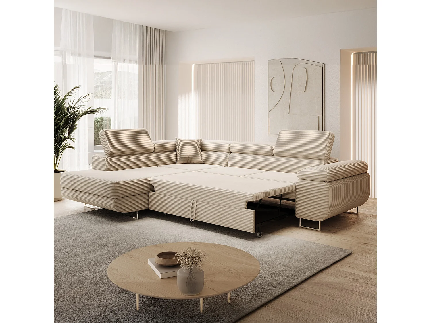 Canapé d'angle gauche convertible Marius velours côtelé Beige