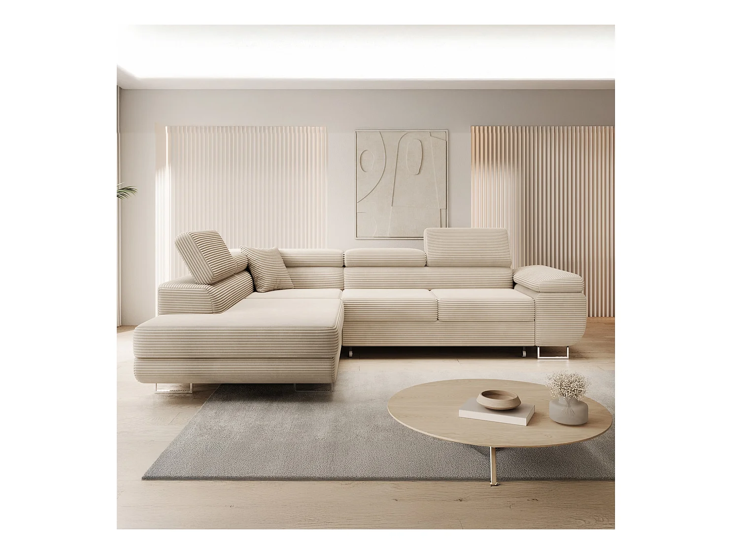 Canapé d'angle gauche convertible Marius velours côtelé Beige
