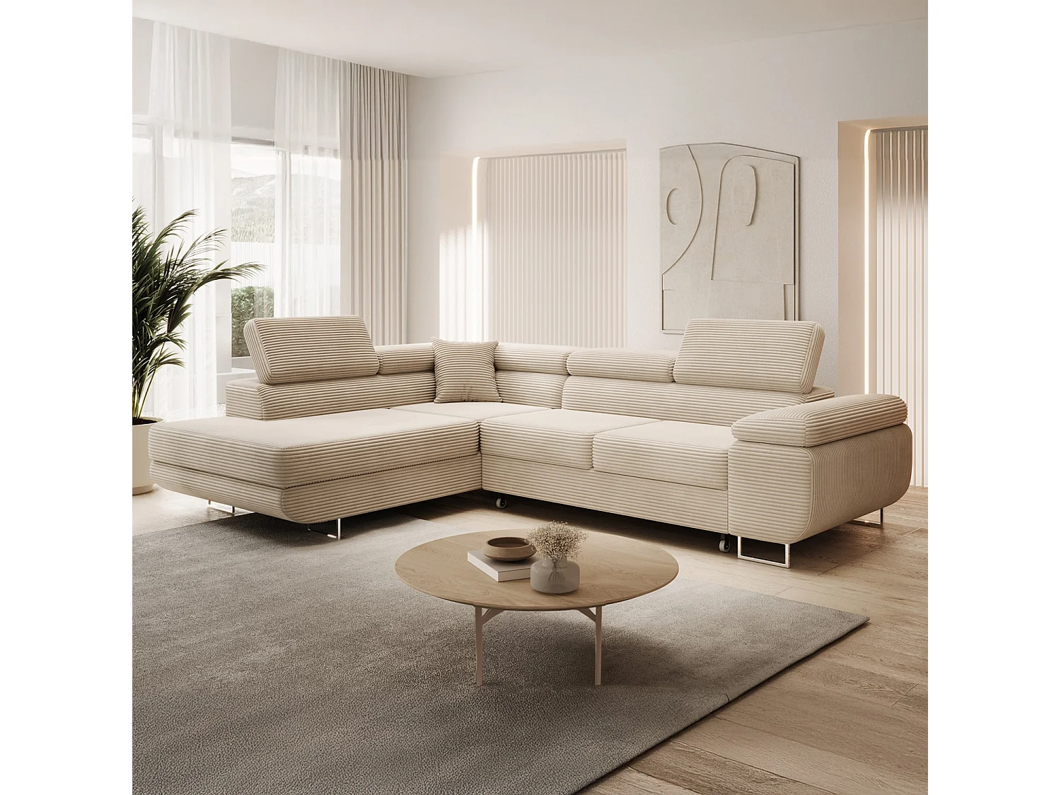 Canapé d'angle gauche convertible Marius velours côtelé Beige