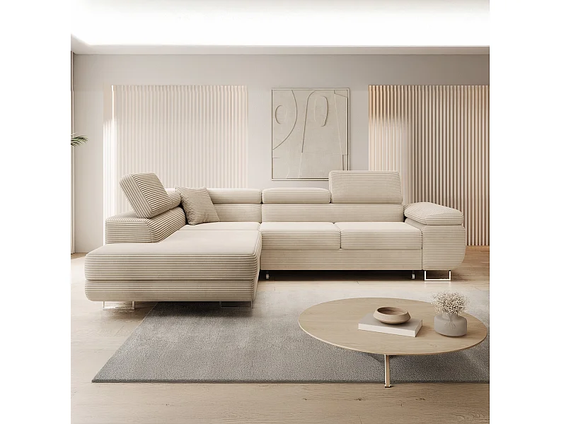 Canapé d'angle gauche convertible Marius velours côtelé Beige