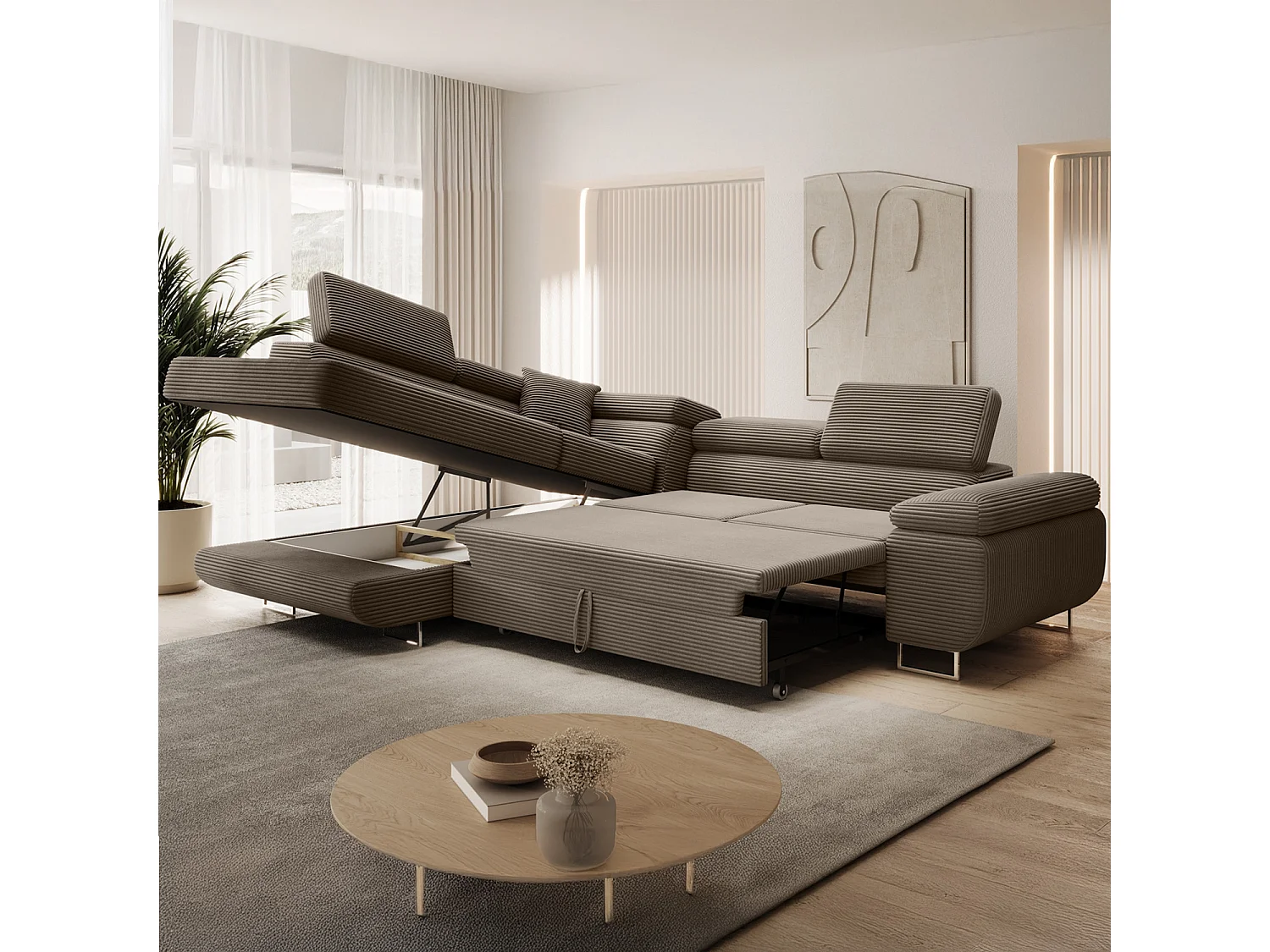 Canapé d'angle gauche convertible Marius velours côtelé Taupe