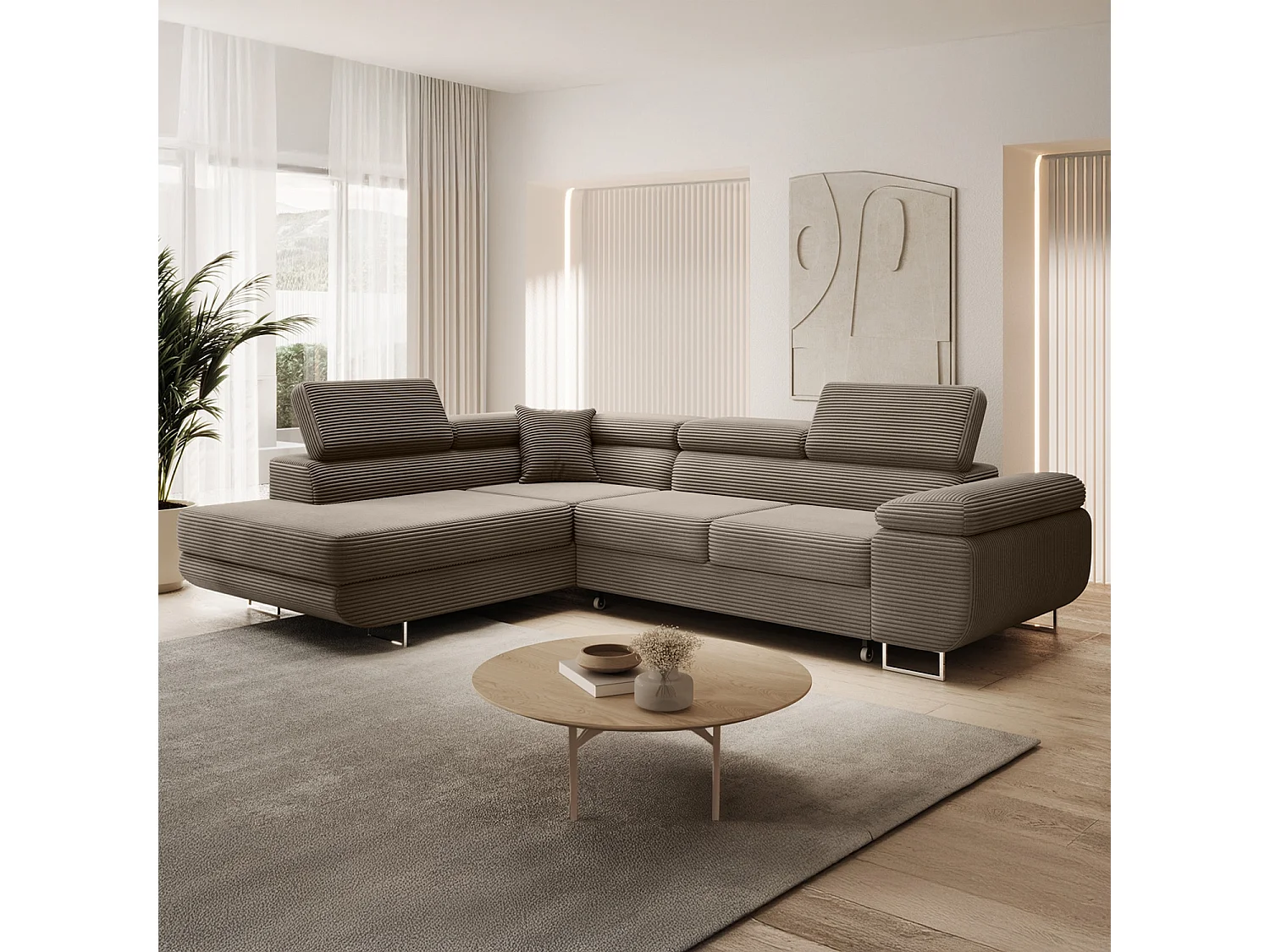 Canapé d'angle gauche convertible Marius velours côtelé Taupe