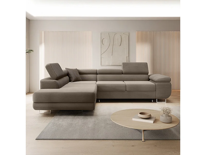 Canapé d'angle gauche convertible Marius velours côtelé Taupe