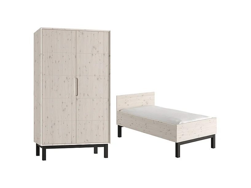 Lit évolutif 70x140 et armoire 2 portes Country Bois blanchi