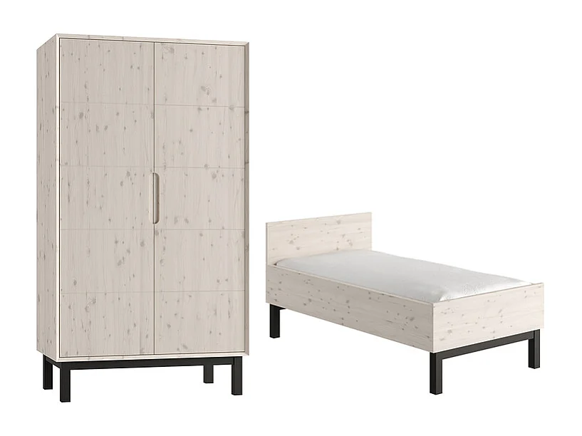 Lit évolutif 70x140 et armoire 2 portes Country Bois blanchi