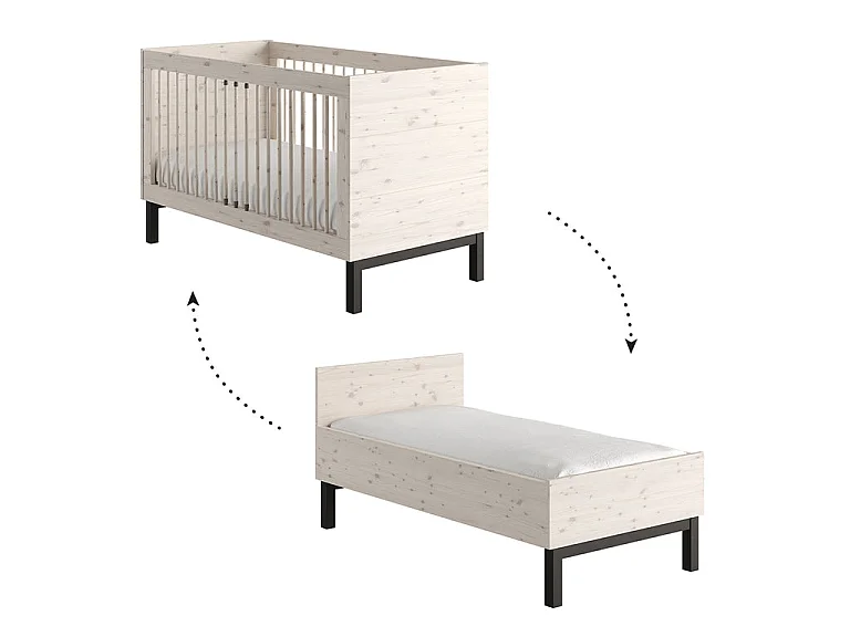 Convertible cot bed 70x140 and 2-door wardrobe Pinio Country Bleached wood