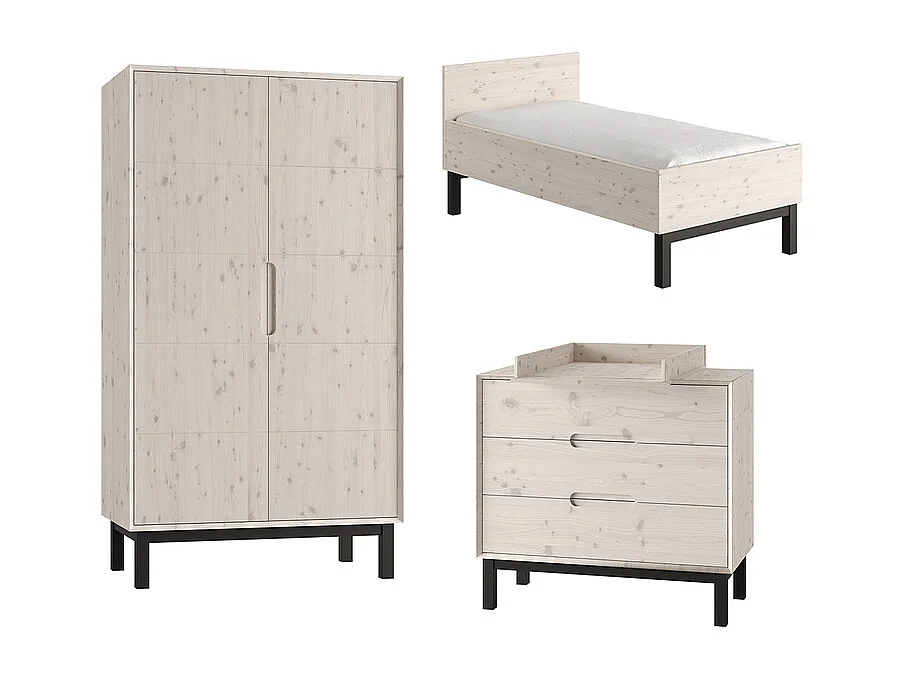 Chambre complète lit évolutif 70x140 commode à langer et armoire 2 portes Country Bois blanchi