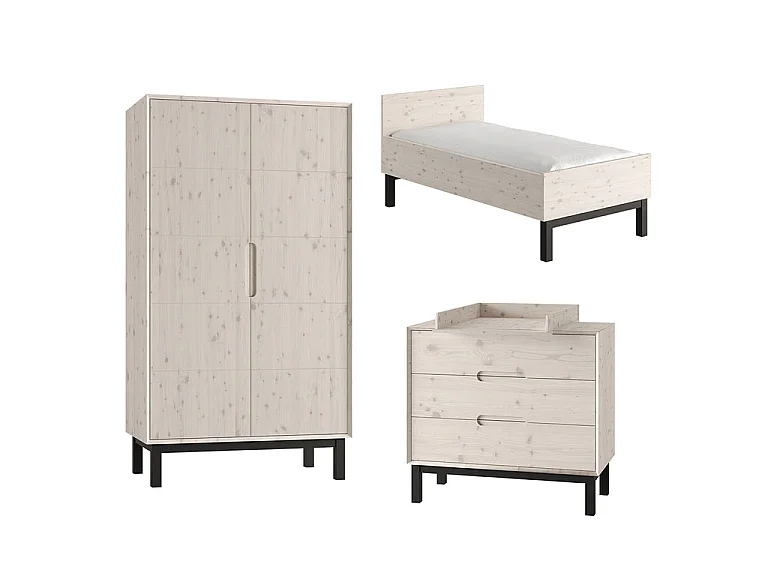 Complete nursery convertible cot bed 70x140 changing chest and 2-door wardrobe Pinio Country Bleached wood
