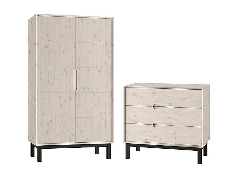 Commode 3 tiroirs et armoire 2 portes Country Bois blanchi