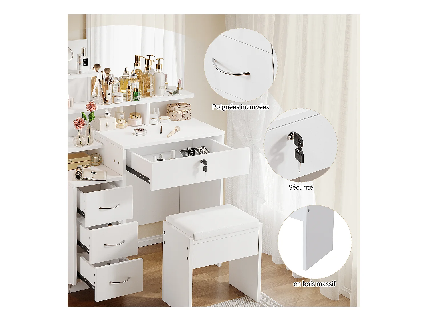 Coiffeuse avec miroir et pouf - 4 tiroirs et 4 étagères - Blanc - 87 x 40 x 144 cm