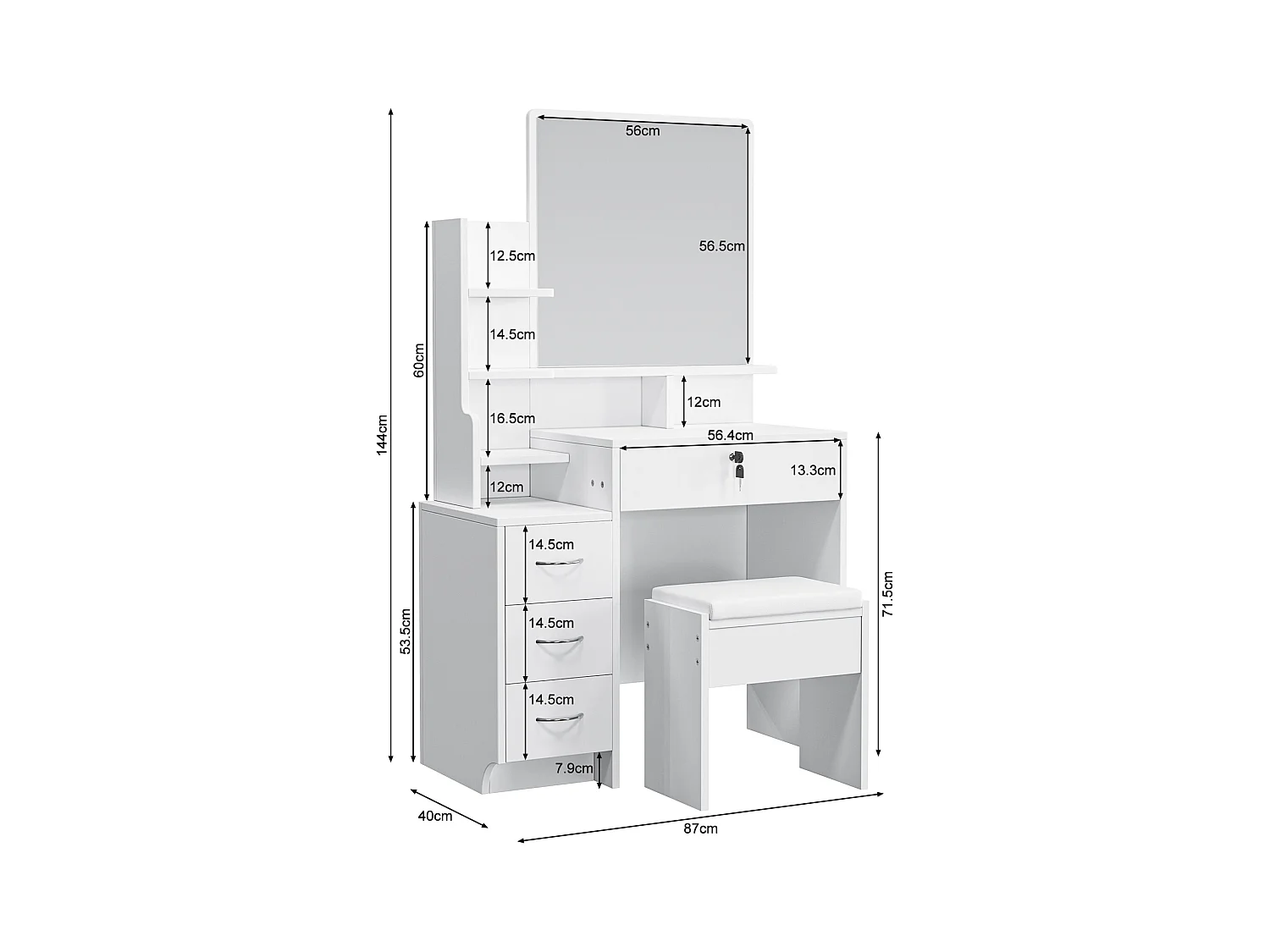 Coiffeuse avec miroir et pouf - 4 tiroirs et 4 étagères - Blanc - 87 x 40 x 144 cm